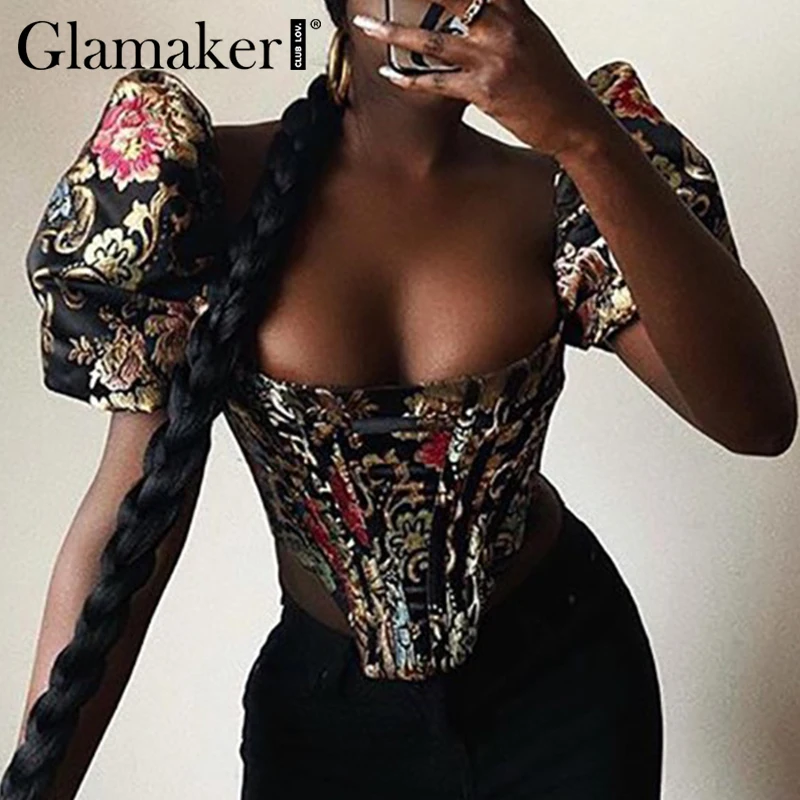 Glamaker Цветочная вышивка пышная блуза с рукавами фонариками для женщин