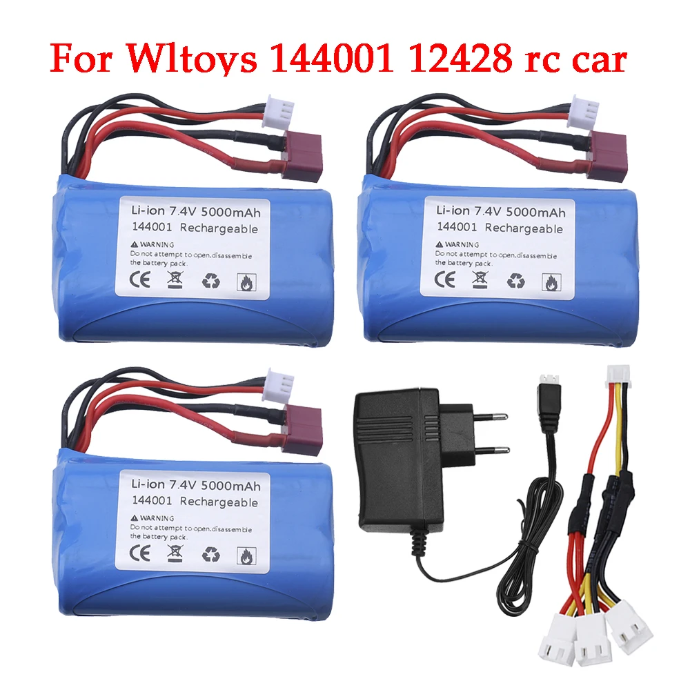 

1/2/3 pcs Liion Battery for Wltoys 12428 144001 RC Car Spare Parts Accessories 7.4V 5000MAH 2S T Plug battery with USB charger