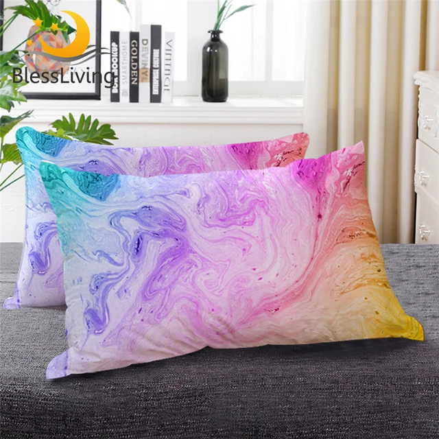 BlessLiving Colorful Marble Down Alternative Bed Pillow Pink Blue White Bedding 1pc Abstract Art Decorative Sleeping Pillows 1