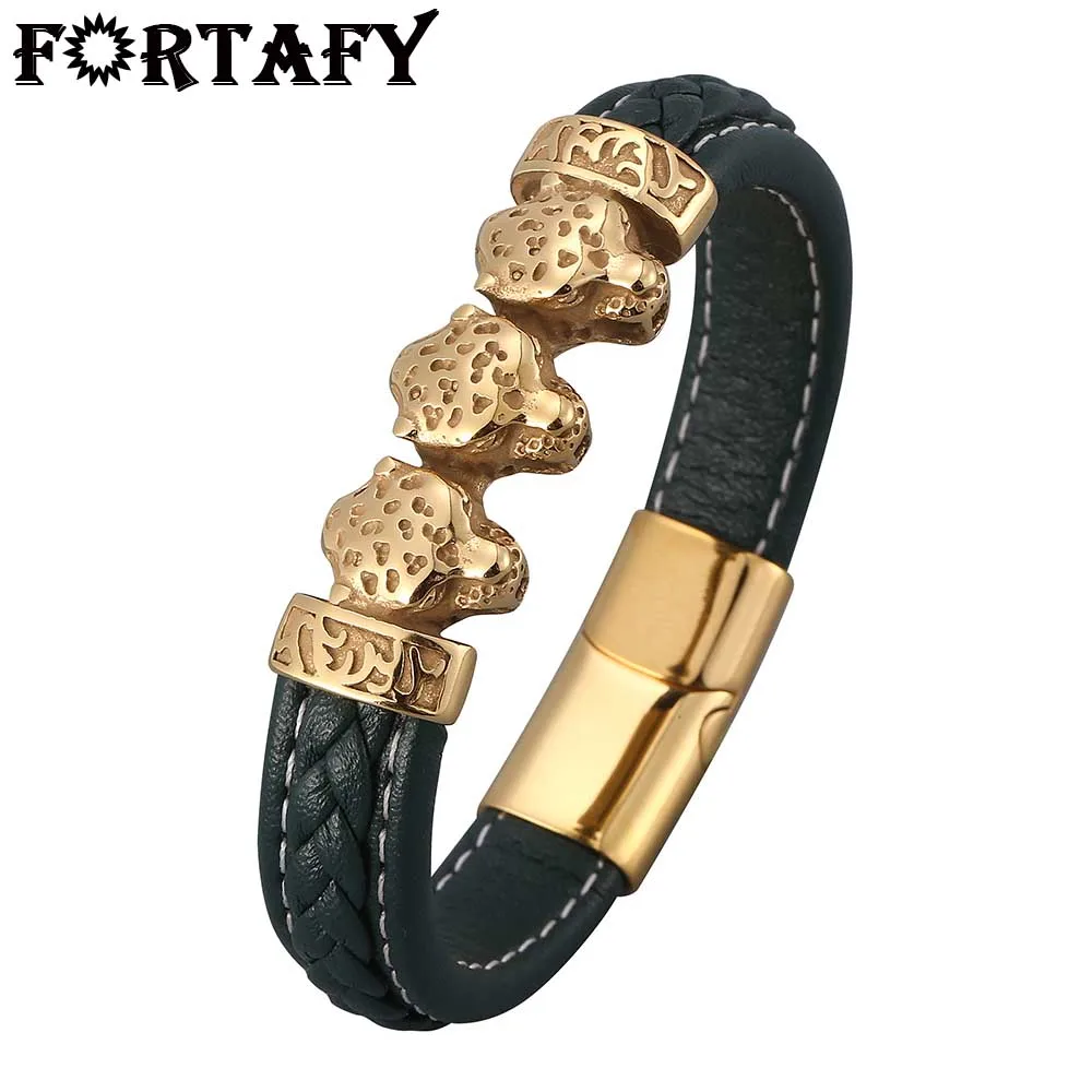 

FORTAFY Golden Stainless Steel Leopard Head Bracelets Men Green Leather Rope Chain Magnet Buckle Bangles Punk Jewelry FR0839
