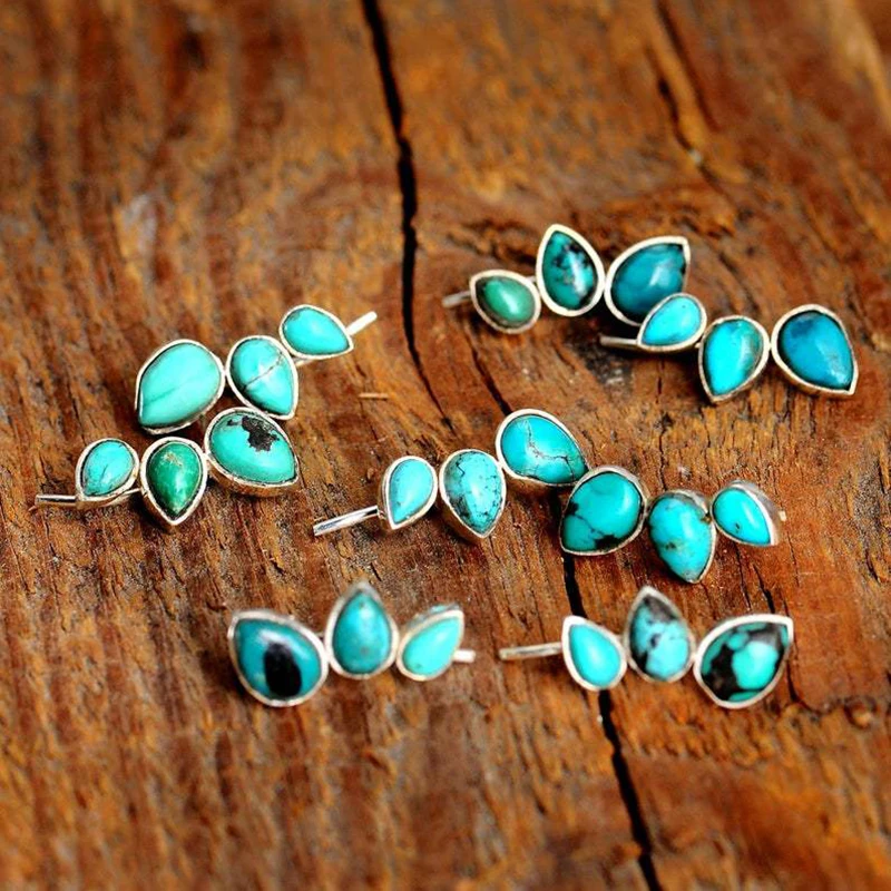 

Bohemian Single Row Three Teardrop Natural Stone Stud Earring Tribal Ethnic Silver Color Reptile Turquoises Ear Studs