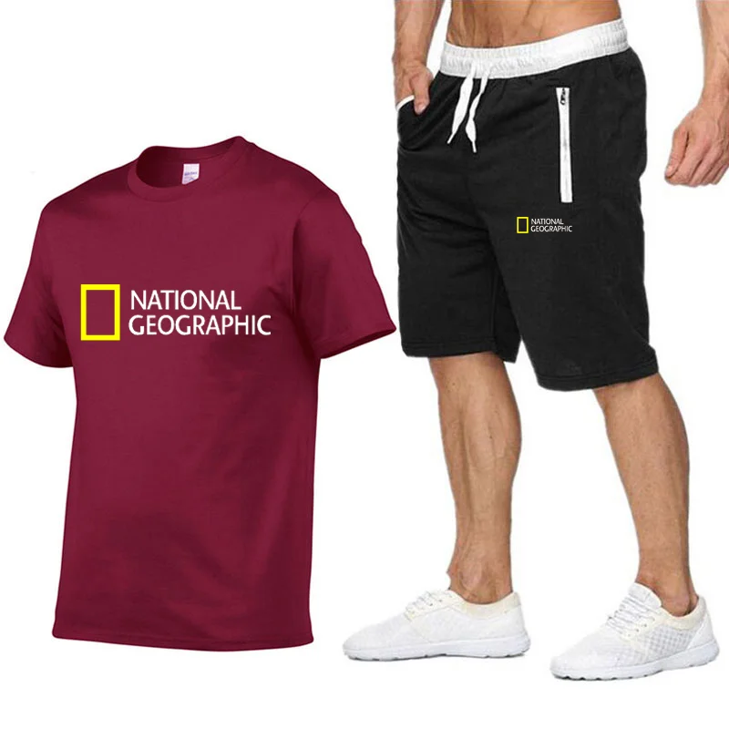 

Summer Leisure National Geographic brand Men's Set Tracksuit Sportswear Track Suits Male Sweatsuit Short Sleeves T shirt 2 piece
