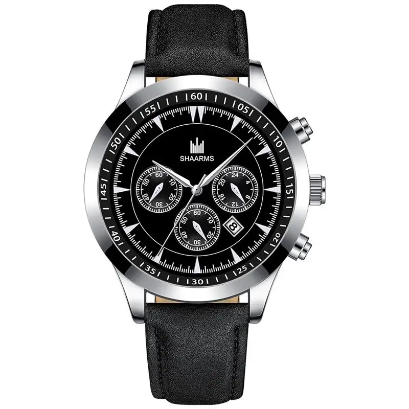 Мужские кварцевые часы SHAARMS модные повседневные с кожаным ремешком наручные |