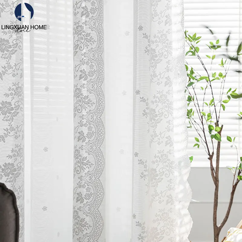 

European Lace Floral Tulle Window Curtains For Bedroom White Jacquard Sheer Voile Curtain For Living Room The Kitchen Drape Door