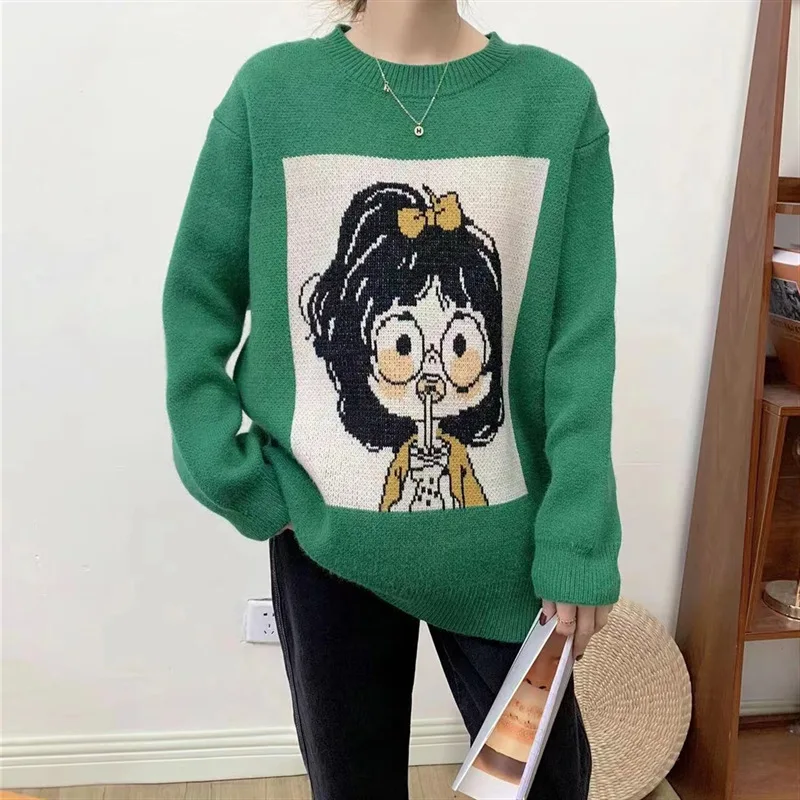 

Cute Sweater Women Knitted Pullover Jacquard Loose Tops O-Neck Harajuku Sueter Mujer Pull Jumper Outerwear