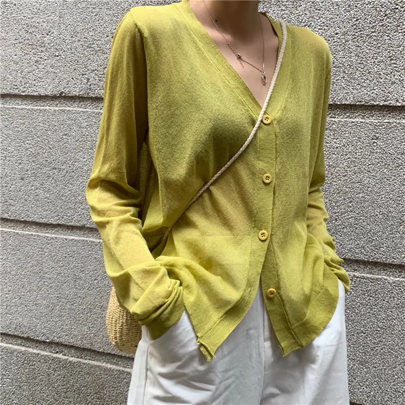 

Harajuku Streetwear All Match Summer Sunscreen Thin V-Neck Cardigans Loose Fashion Chic Solid Hot Women Sweater Tops