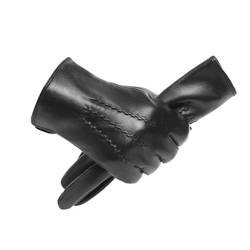 

Winter Men Warm Touch Screen Full Finger Gloves Black Genuine Sheepskin Leather Gloves Windproof Thermal Driving Mittens NR195