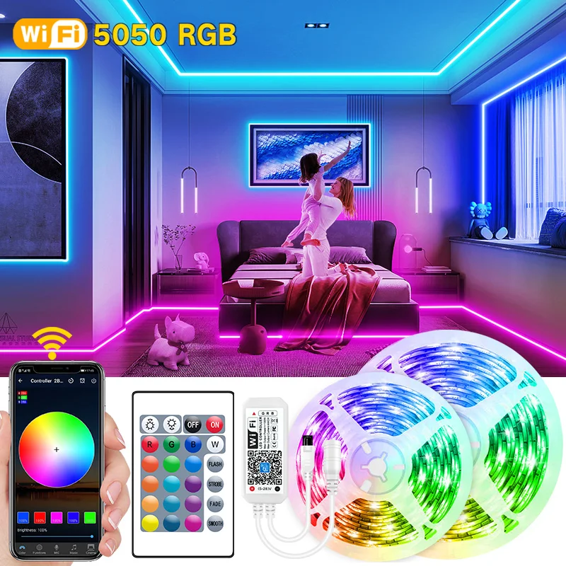 

WiFi LED Strip Lights Bluetooth RGB 5M-30M 5050 SMD Flexible Ribbo Waterproof Tape Diode Adapter LED Lights For Room TV Backlit