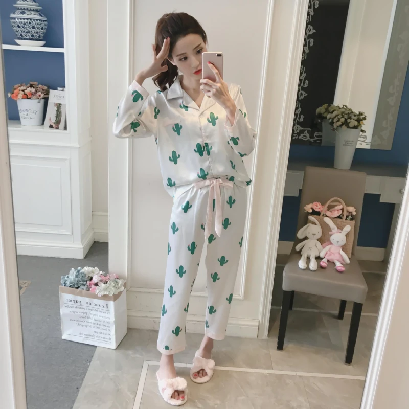 Женская модная Шелковая пижама комплект из 2 предметов: Рубашка с длинными