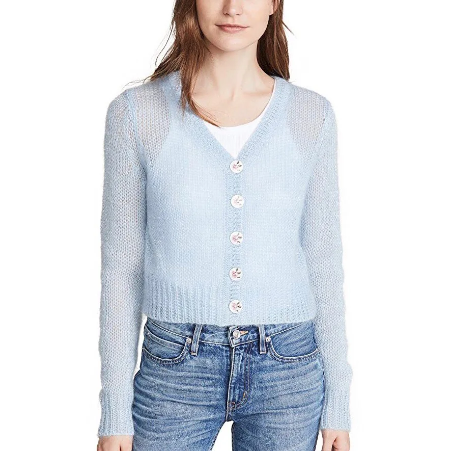 Women Sweater French Baby Blue Short Cardigan Floral Button Aqua Wool Mohair |