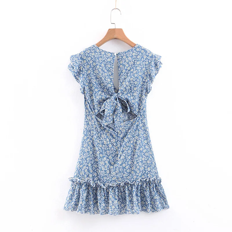 Elegant women's mini dress blue with sahes adjustable ruffles print v neck hollow out backless summer woman | Женская одежда