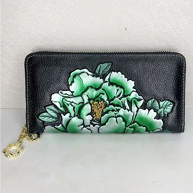 Женский зеленый кошелек Дамский Длинные кошельки для монет с тиснением и цветком