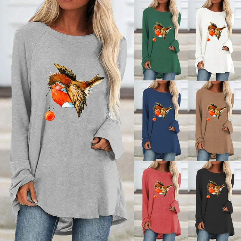 

Spring/Autumn Fashion Women Clothing Bird Printed Casual Pure Color Oversized Long Sleeve Tops T-shirt Ladies Round Neck Blouse