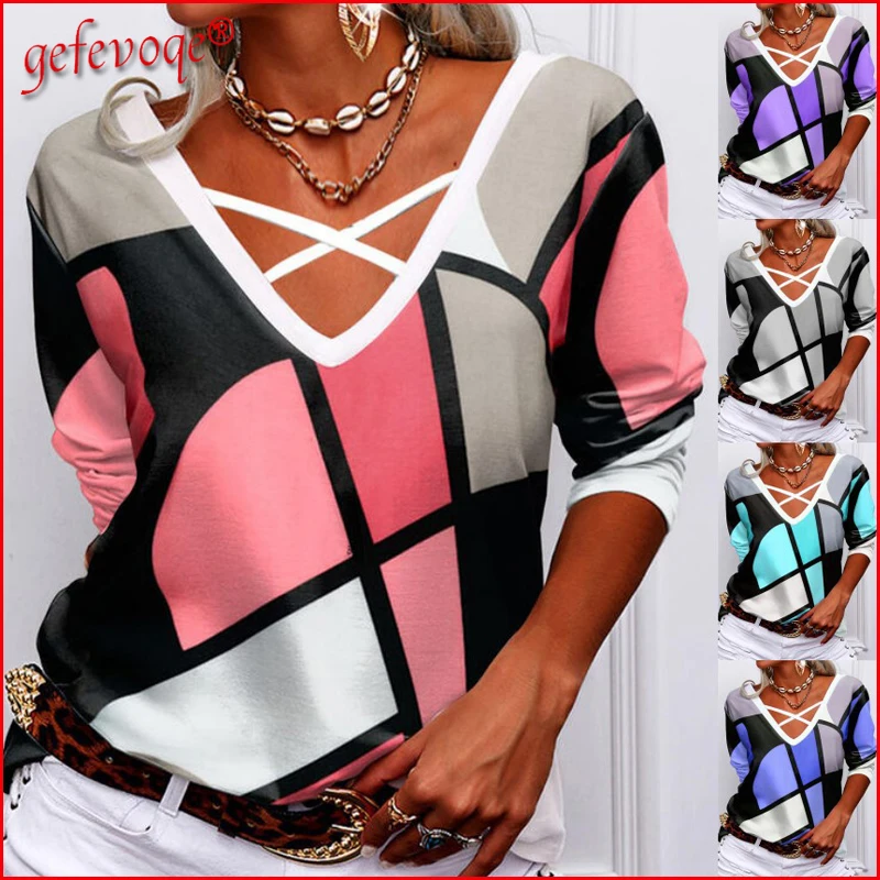 

New Spring Autumn2022 Sexy V Neck Geometric Print Tunic Top Women Casual Long Sleeve Loose Plus Size Tee T Shirt Female Clothing