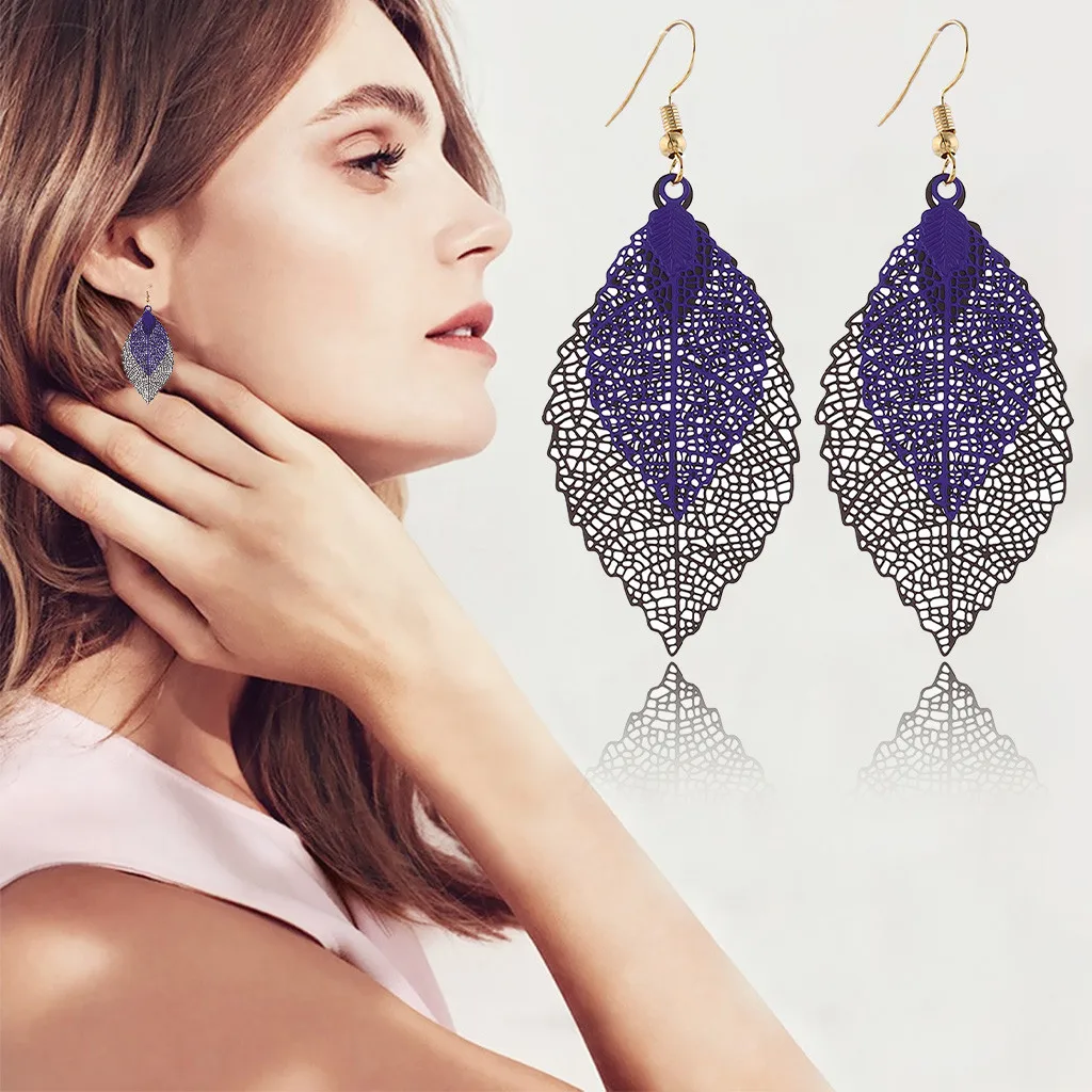 Богемные полые листья двухслойные Разноцветные серьги Женские аксессуары для