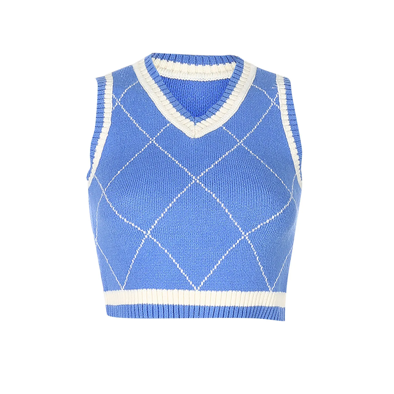 

Women's Sweater New Women's Round Neck Diamond Check Sweater Top Sleeveless Vest