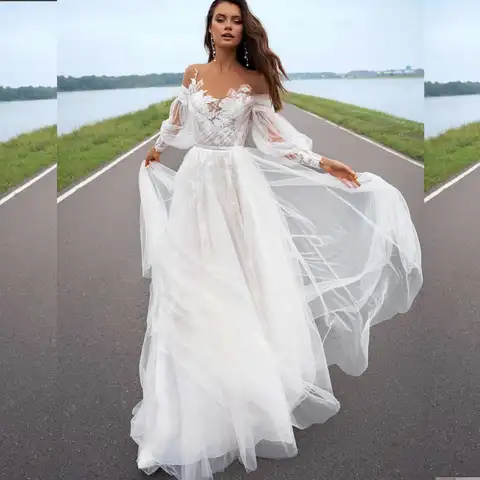 Wedding Dress V-Neck Boho Vintage Rustic Long Sleeve Tulle Floor Length Organza Cheap Bridal Gowns Charming vestido de novia