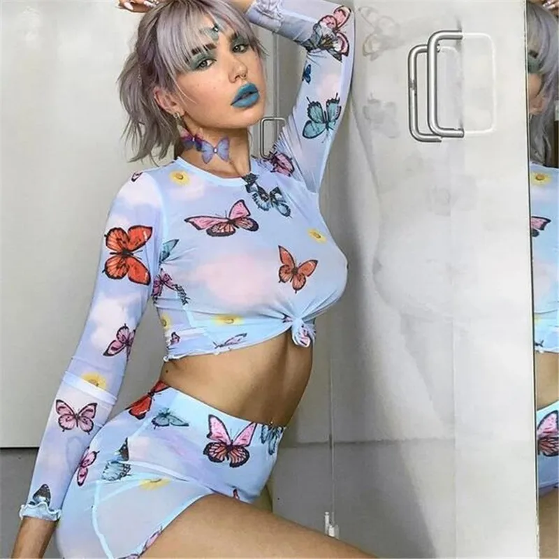 

Women Streetwear T-shirts 2020 Summer Newest Print Mesh Sheer Sexy Tee Shirts Long Sleeve See Through Beach Club Tops