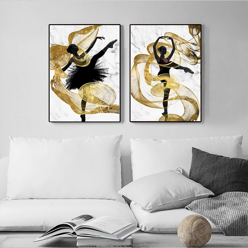 

Flying Dancer Girl Gold Ribbon Wall Art Canvas Abstract Poster Prints Painting Modern Decoration Picture Living Room Decor