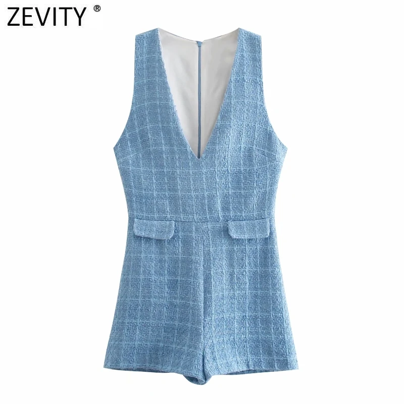 Zevity новые женские модные твидовые шерстяные комбинезоны без рукавов с V образным