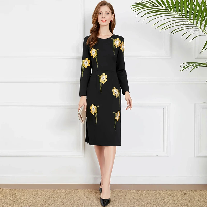 

MIUXIMAO 2021 New Autumn Women's Clothing O-Neck Long Sleeve Printing Slim Waist Dress Fashion Elegant Office Style