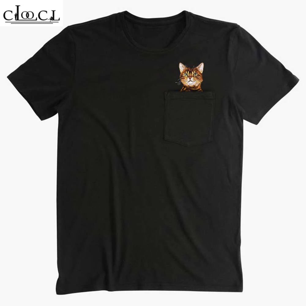 

CLOOCL Pet Cotton T-Shirt Bengal Cat Pocket Animal Men T-shirts Unisex Greativity DIY Tops Short Sleeve Tees Women Shirts