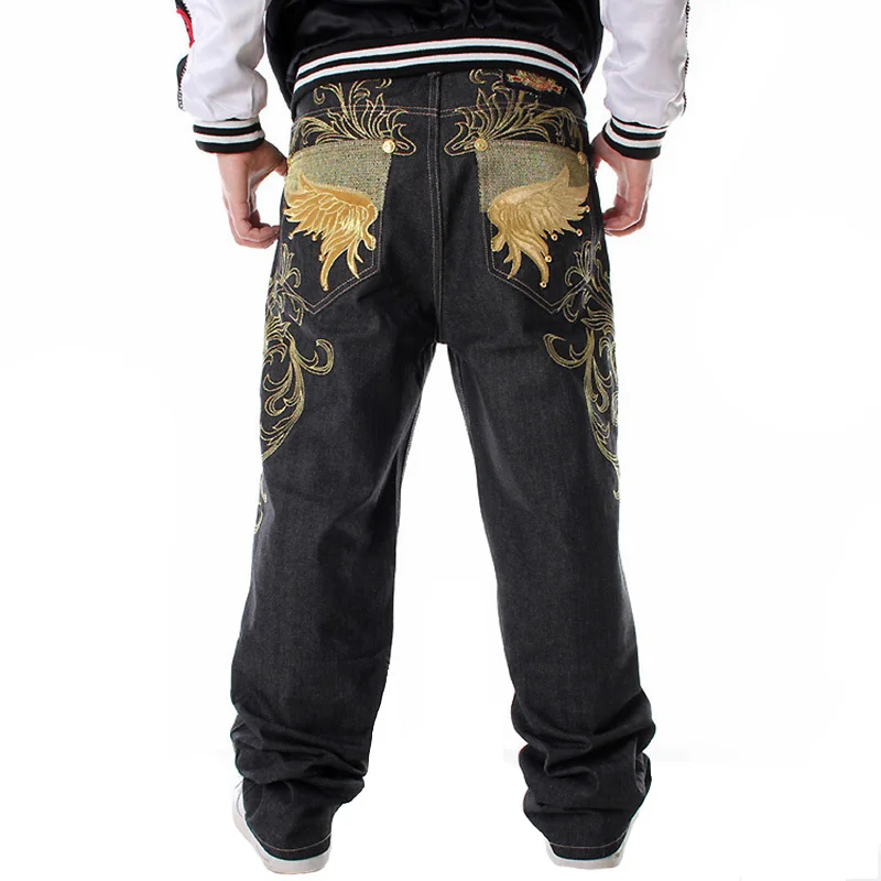 

Nanaco Mens Loose Jeans Wide Leg Fashion Embroidery Skateboarder Hip Hop Baggy Denim Pants Big Size 30-46