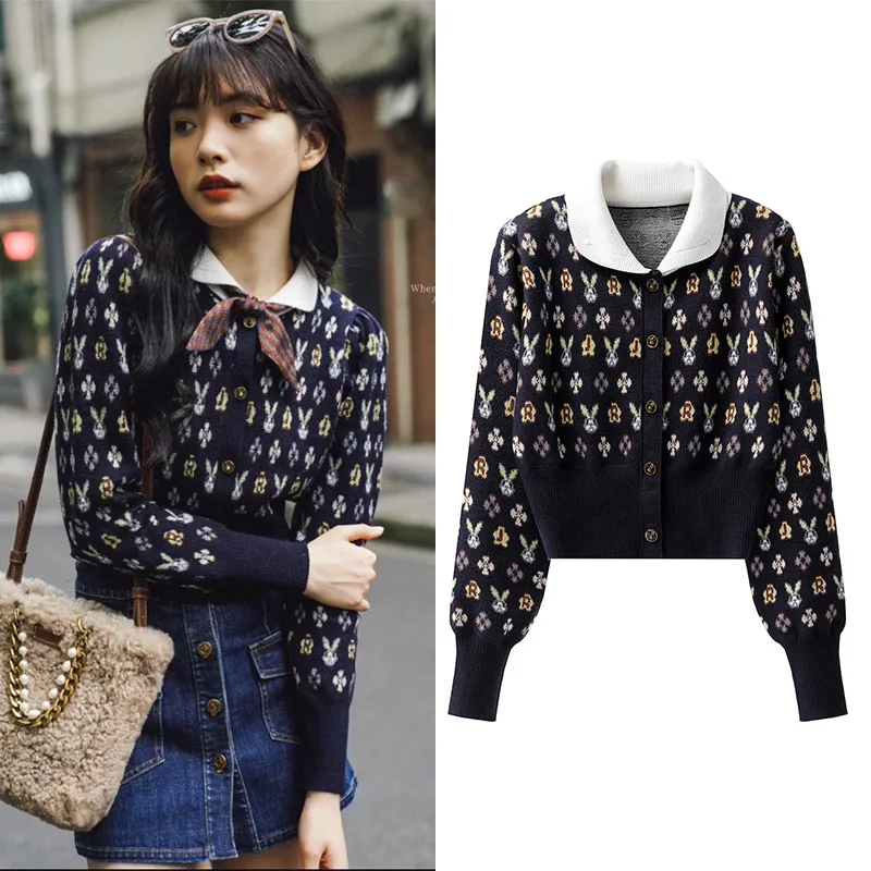 

Ladies Cardigans Women Long Sleeve Knitted Sweaters Female Jacquard Knitted Cardigan Sweater Coat Doll Collar Knitwear