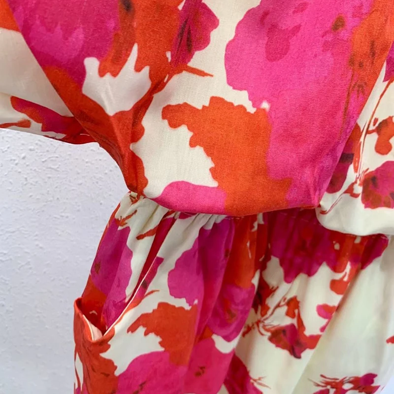 

TWOTWINSTYLE Pullover Print Floral Dress For Women Slash Neck Puff Short Sleeve High Waist Hit Color Mid Dresses Female 2021 New