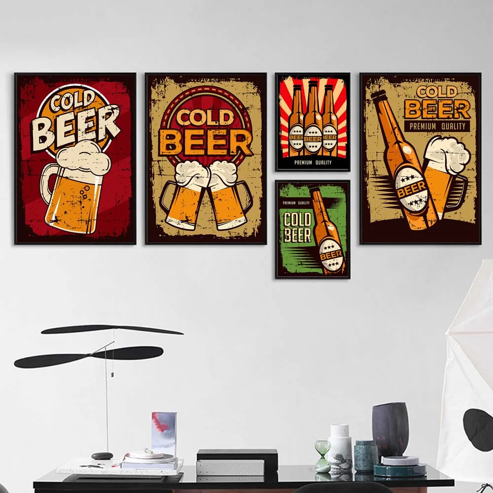 

Cold Beer Poster Vintage Wall Art Canvas Painting Nordic Posters and Prints Wall Pictures for Living Room Bar Restaurant Decor