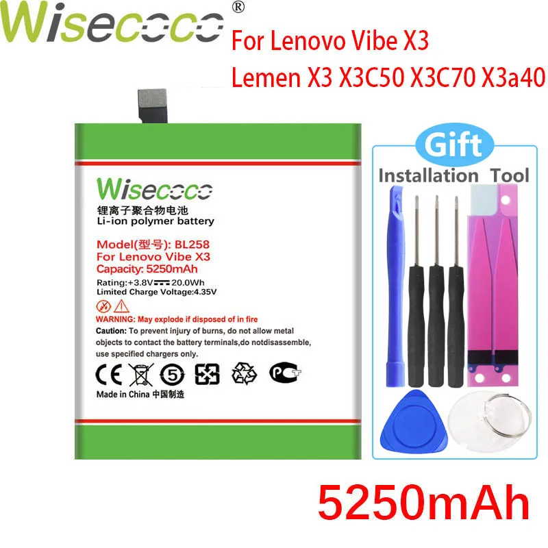 WISECOCO 5250 мАч BL258 батарея для Lenovo Vibe X3 Lemen X3C50 X3C70 X3a40 телефон в наличии + номер