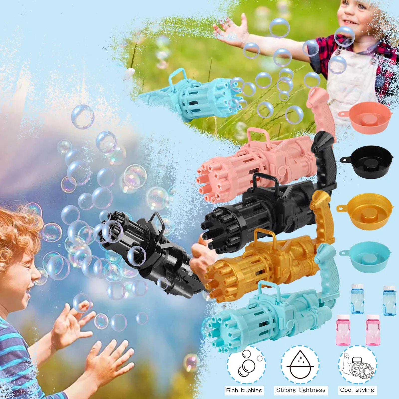 

Giocattoli bambini pistola a bolle elettrica 2 in 1 macchina per bolle multicolore con ciotola di sapone/bottiglia soffiatore di