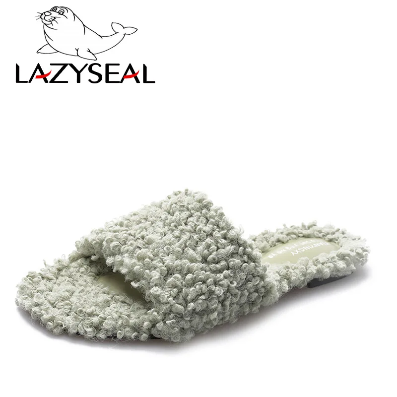LazySeal; цветные домашние тапочки с натуральным мехом; женская обувь; женские шлепанцы без задника на плоской подошве; женские пушистые домашние шлепанцы; пушистая плюшевая обувь - Цвет: Green