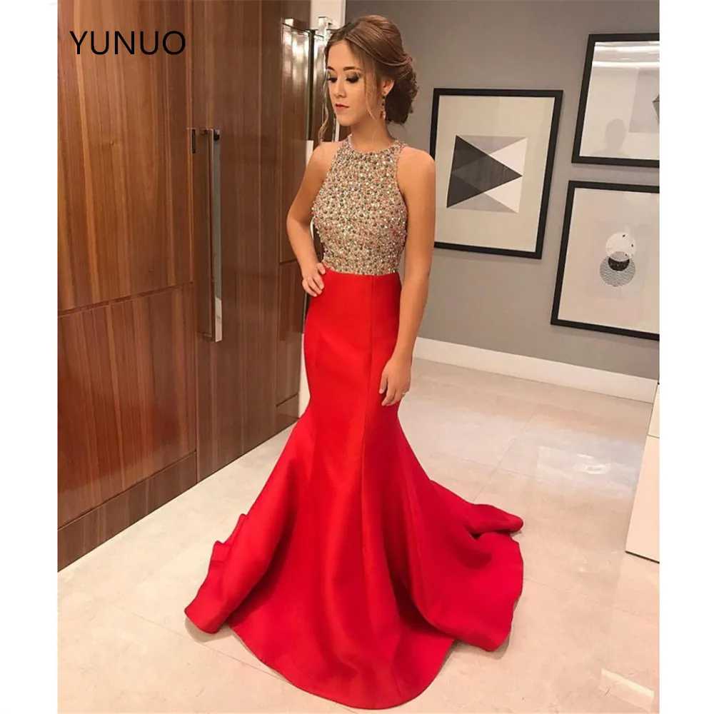 

YUNUO Long Mermaid Formal Evening Dress Luxury Beading Pageant Dresses Vestido De Festa O-Neck Sleeveless Prom Gowns Red