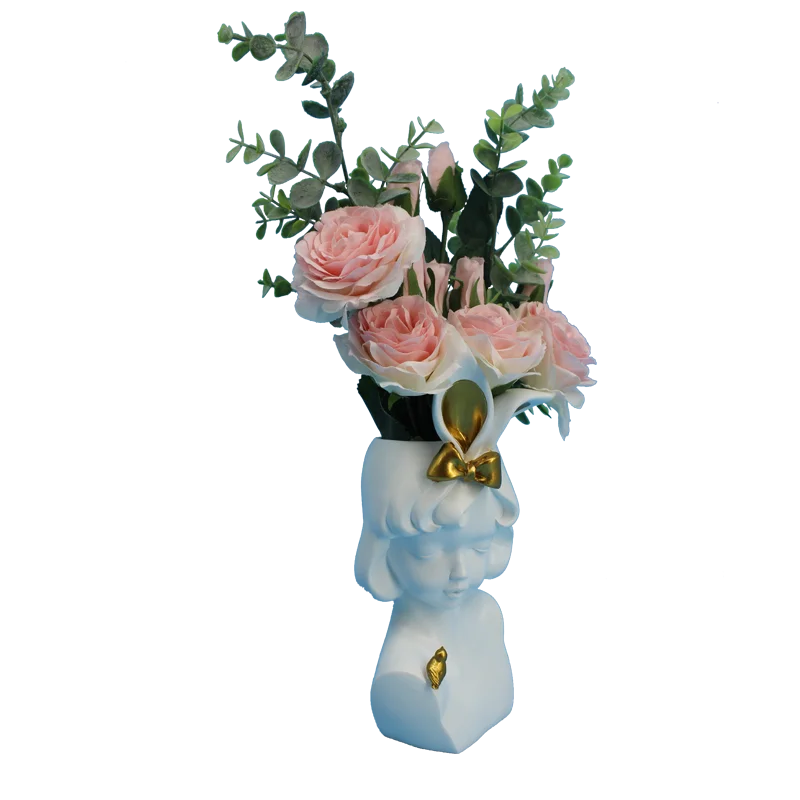 SHANCO Cute Rabbit Ears Girl Resin Sculpture Character Flower pot Home Decor Living Room Bedroom Countertop Vase Gift Nordic Dec