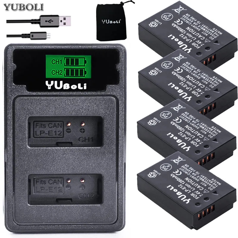 4 шт. 1280 мА/ч LP E12 LPE12 Li Ion Батарея + ЖК дисплей USB Dual Зарядное устройство для | Цифровые аккумуляторы -4001064439107
