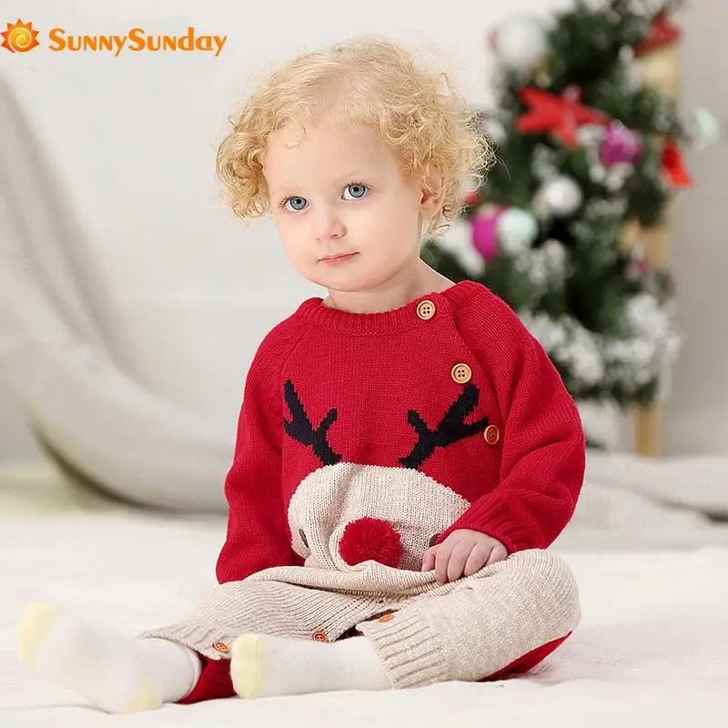 

Ins Hot Sale Baby Girl Winter Clothes Baby Christmas Knitted Romper Autumn Sweater Boy Cartoon Elk Rompers Costume Jumpsuit