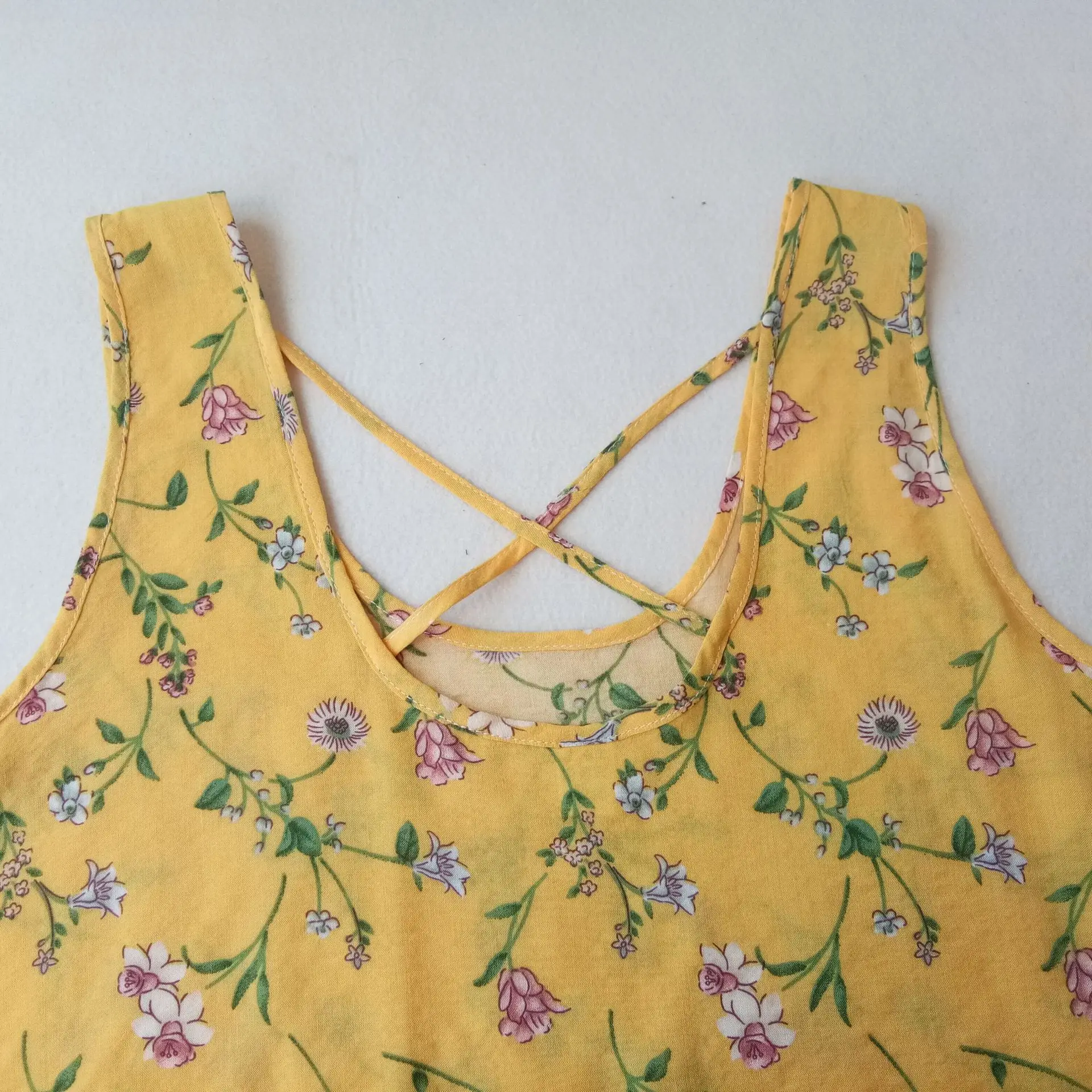 

Summer Sleeveless Top&Shorts 2PCS Sleep Suit Women Flower Print Sleepwear Yellow Cotton Nightwear Sweet Ruffles Trim Home Wear