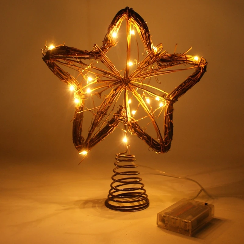 

Christmas Tree Topper 12 Inch Rattan Star with Warm White Lights Battery Operated Rustic Farmhouse Treetop Lamp Decor