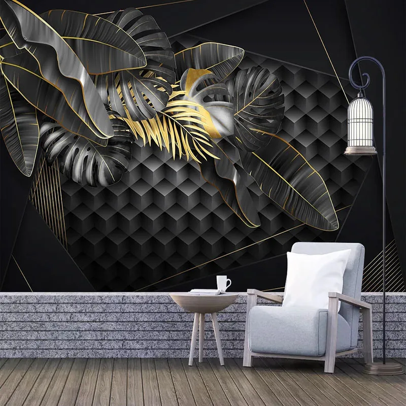 

Drop Shipping Custom Mural Wallpaper Modern Simple Golden Tropical Plant Leaves 3D Stereo Geometric Wall Painting Sofa Stickers