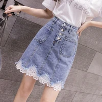 ladies denim skirt summer 2020 new korean fashion style breasted lace stitching lace high waist bag hip skirt skirts womens