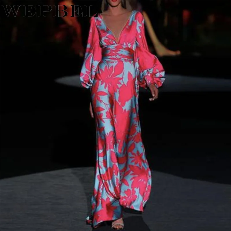 

WEPBEL Fashion Dress Women V-Neck Floor-Length Dress Print Lantern Sleeve High Waist Dress Long Sleeve Elegant Dresses No Belt