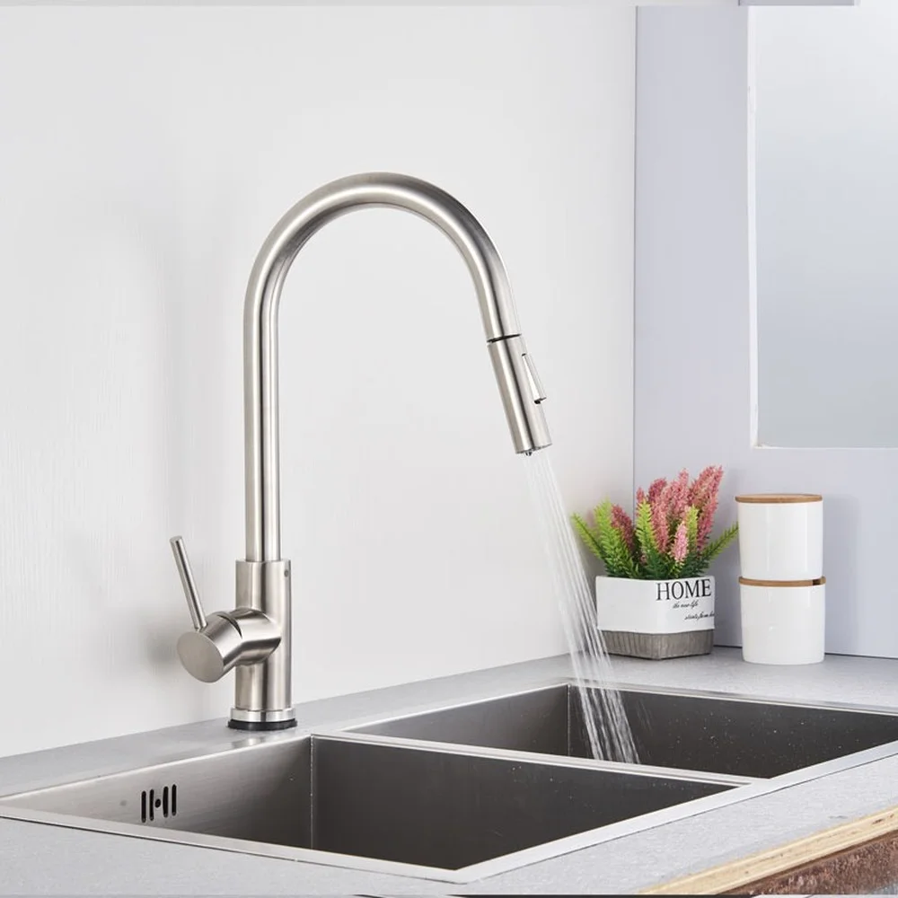 

Brushed Kitchen Faucet Pull Out Kitchen Sink Water Tap Single Handle Mixer Tap 360 Rotation Kitchen Shower Faucet