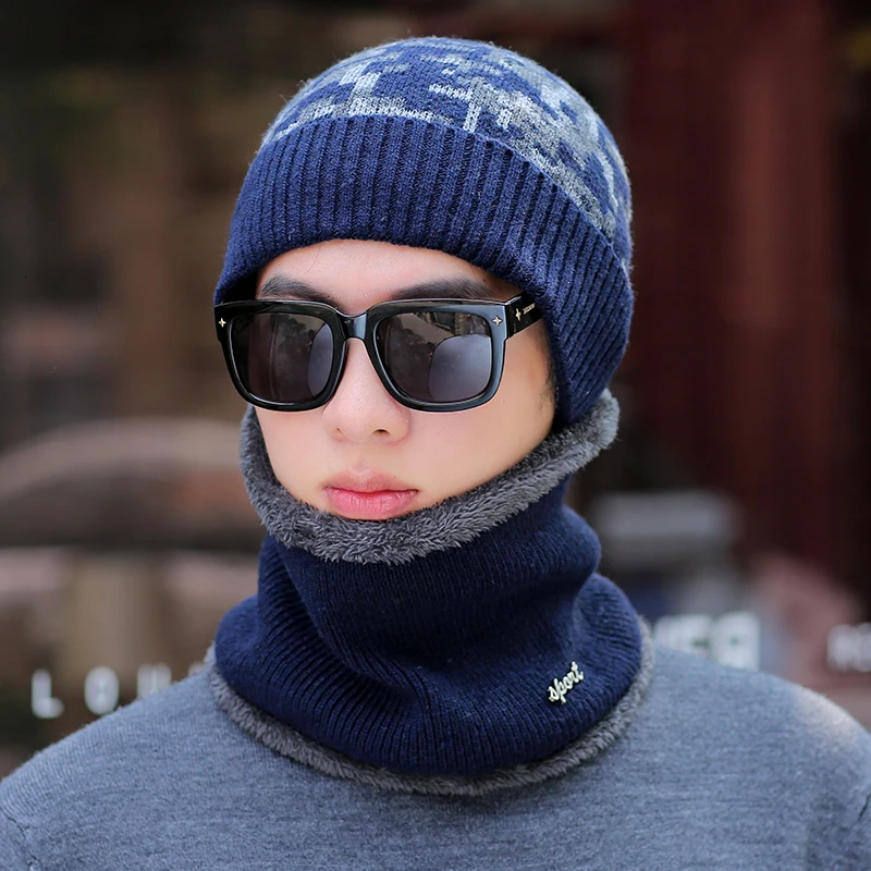 Зимние шапочки для мужчин шарф вязанные шапки кепки маска Warm капот Теплые Мешковатые зимние шапки для мужчин женщин шерсть Skullies шапочки шапки