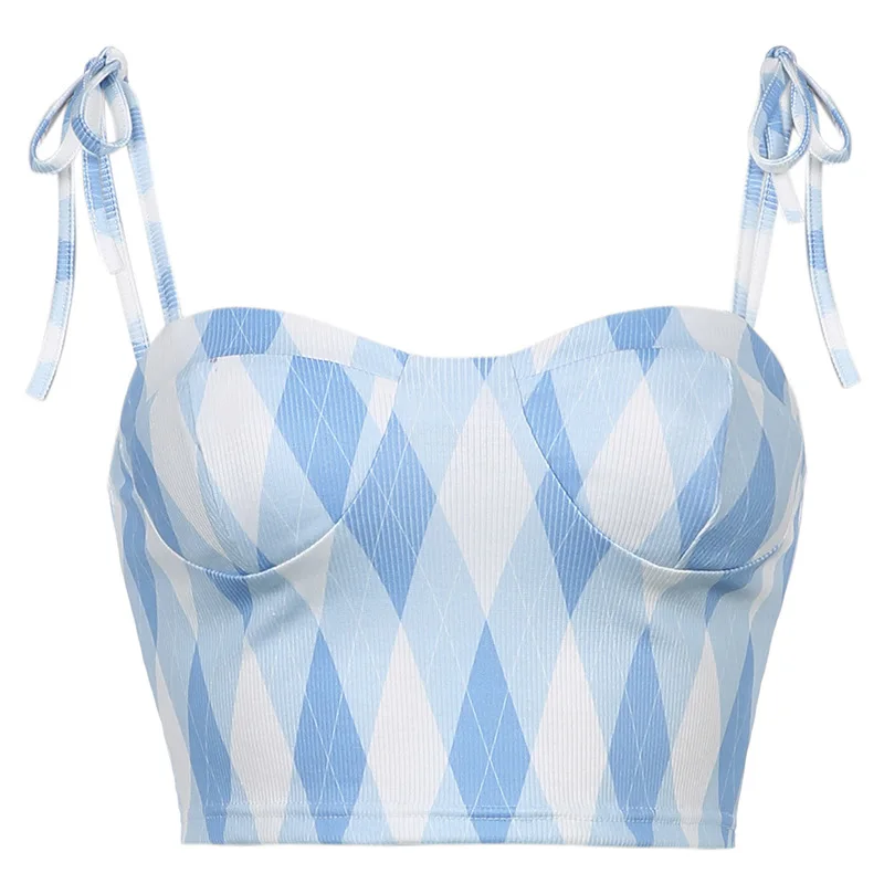 

2021 new women's street plaid lace-up contrast chest slim navel camisole women