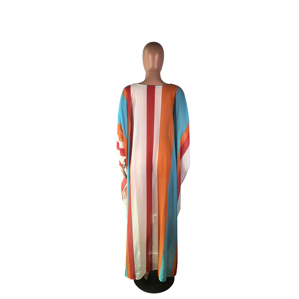 

2020 Vacation Georgette Women Loose Dress Untidy Energy Sexy Fashion Round Neck Full Sleeve Striped African Casual Midi Dresses