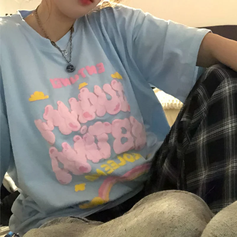 

Women Lovely T-shirts Baggy Printed Sweet Girls Short Sleeve Tops Harajuku Teenagers Tees Hipster O-neck High Quality All-match