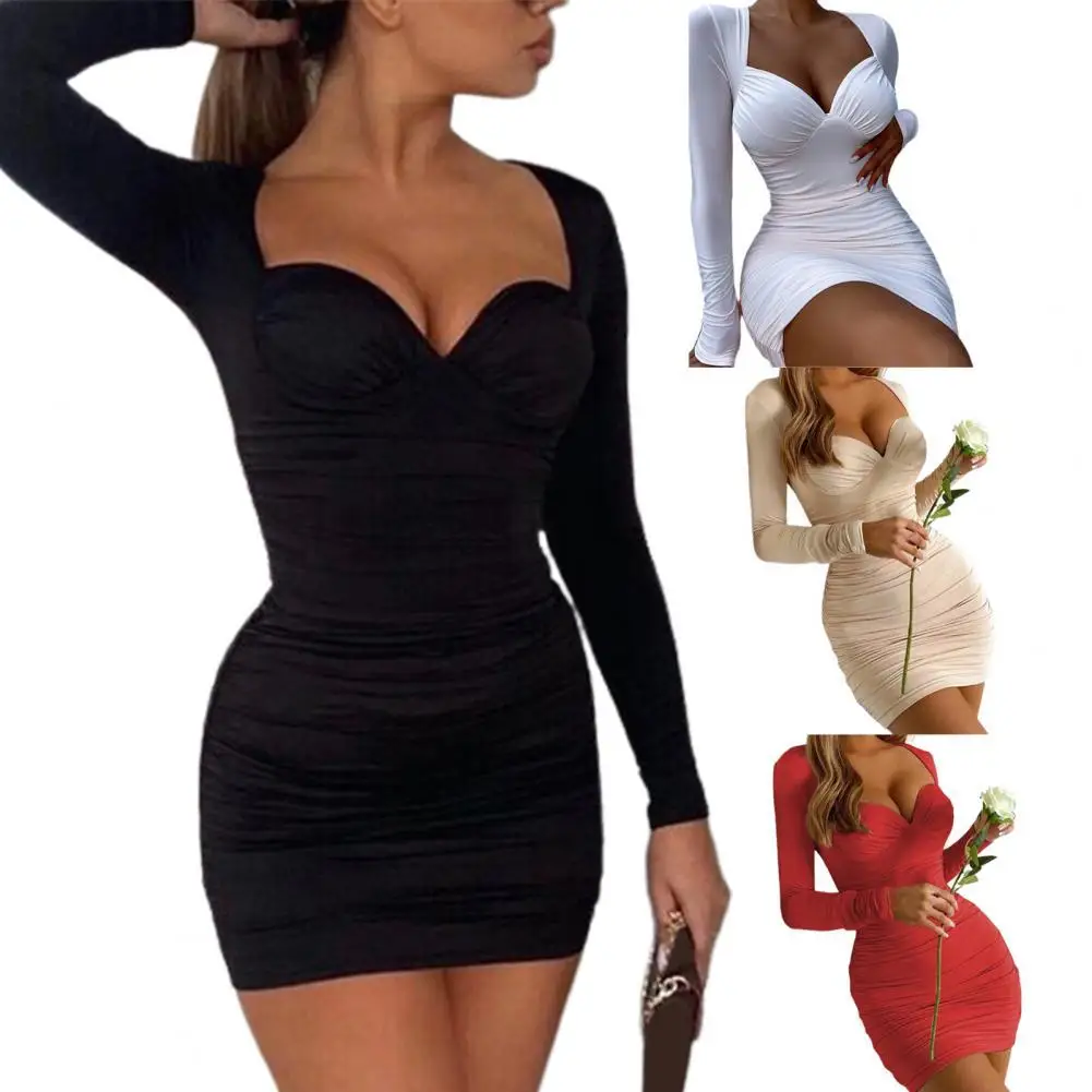 

Mini Dress Solid Color V Neck Lady Above Knee Length Folds Dress for Party