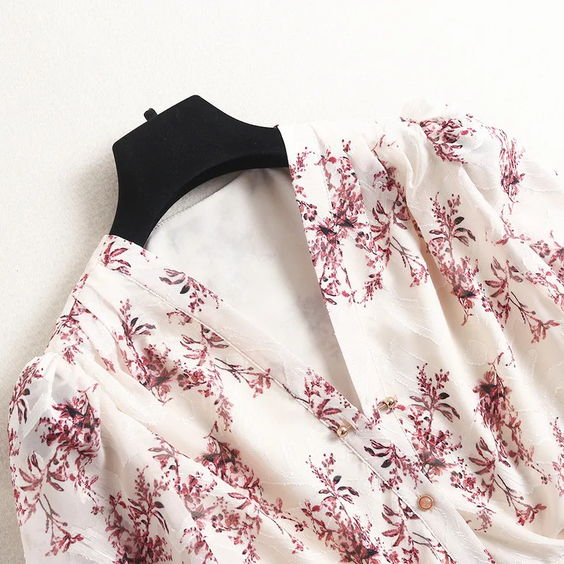 

2021 Runway Fashion Floral Print Chiffon Dress Spring Woman Clothes Elegant V Neck Vintage Aline Robe Femme Holiday Vestidos