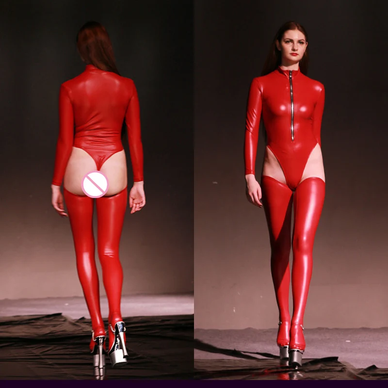 Боди из искусственной кожи с длинным рукавом чулки до бедра латексный